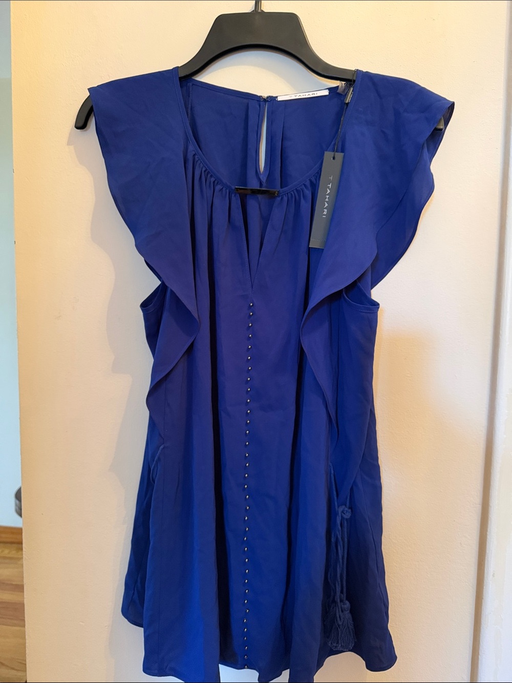 Tahari Cobalt Ruffle Front Tunic with Tassel on the sides M